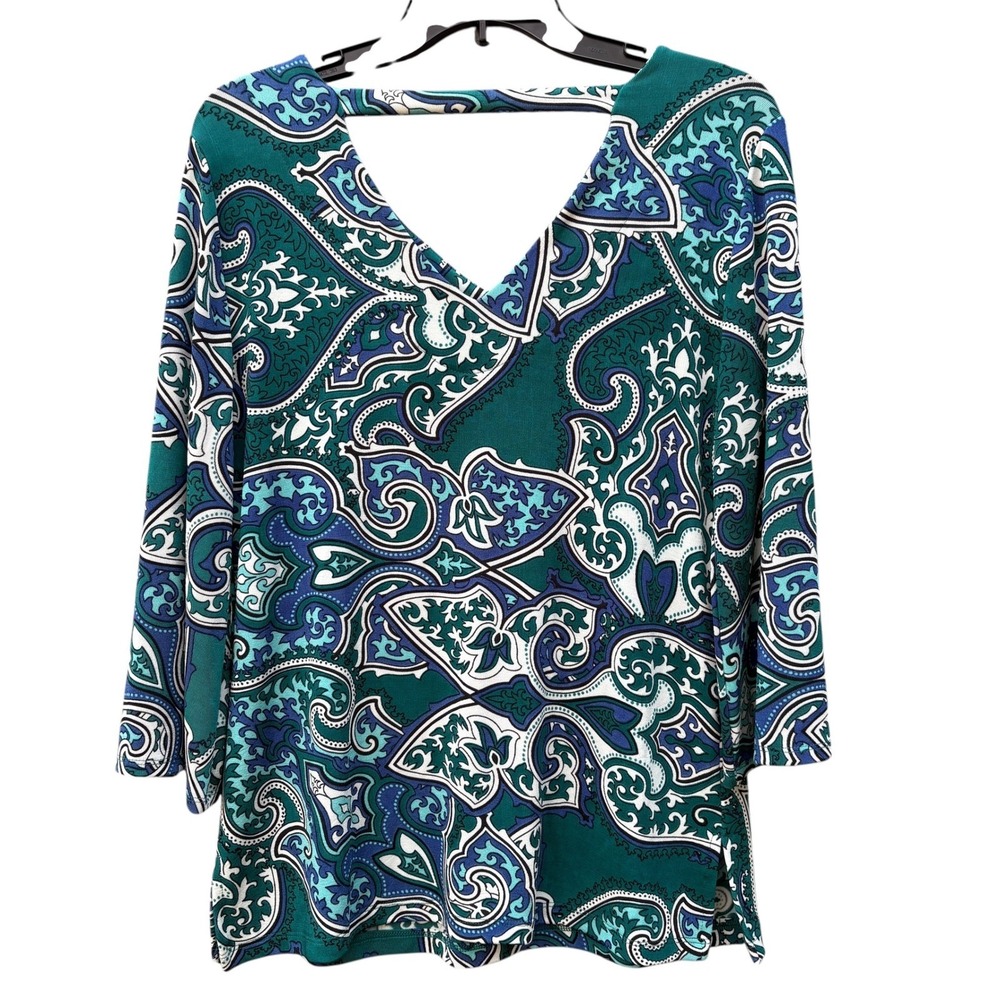 Chico's Womens Small Blouse Teal Blue Paisley Preppy Stretch Travel Casual Boho